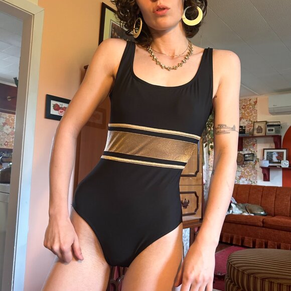 1980s Black and bronze stripe one piece full coverage swim suit - made in canada - Picture 6 of 13